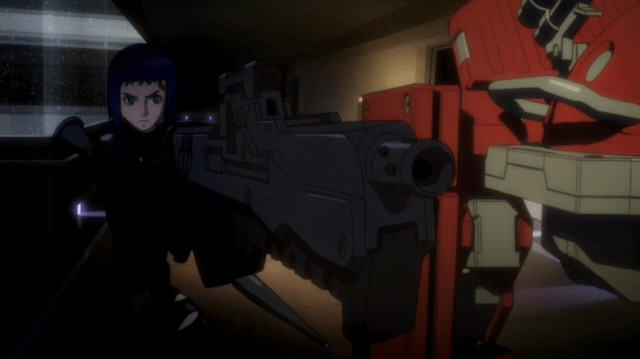 Why make a giant armory robot that just gives you guns? Why not just make the giant armory robot use the guns? Because latex suits look better on Motoko.