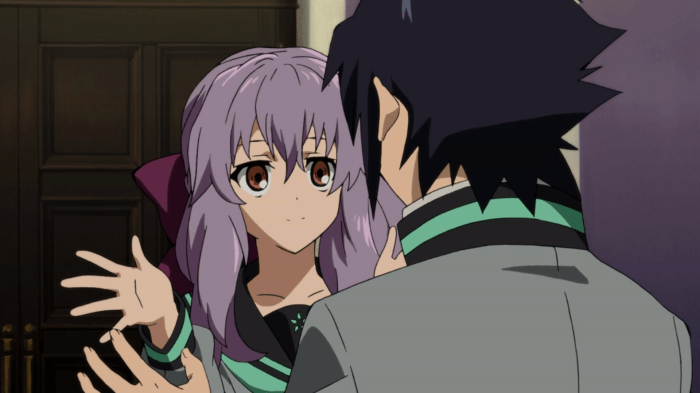 Shinoa and Yu go in for the most awkward hug of all time.
